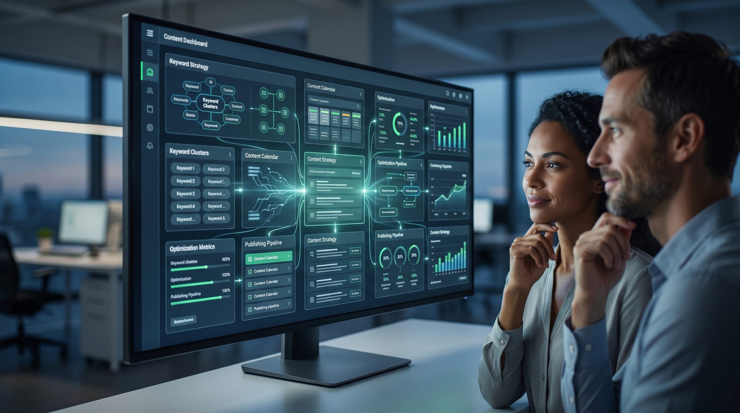 A modern startup team gathered around a large monitor displaying a content calendar dashboard with keyword clusters and traffic graphs, shot in natural office light on Sony A7R IV with 50mm lens