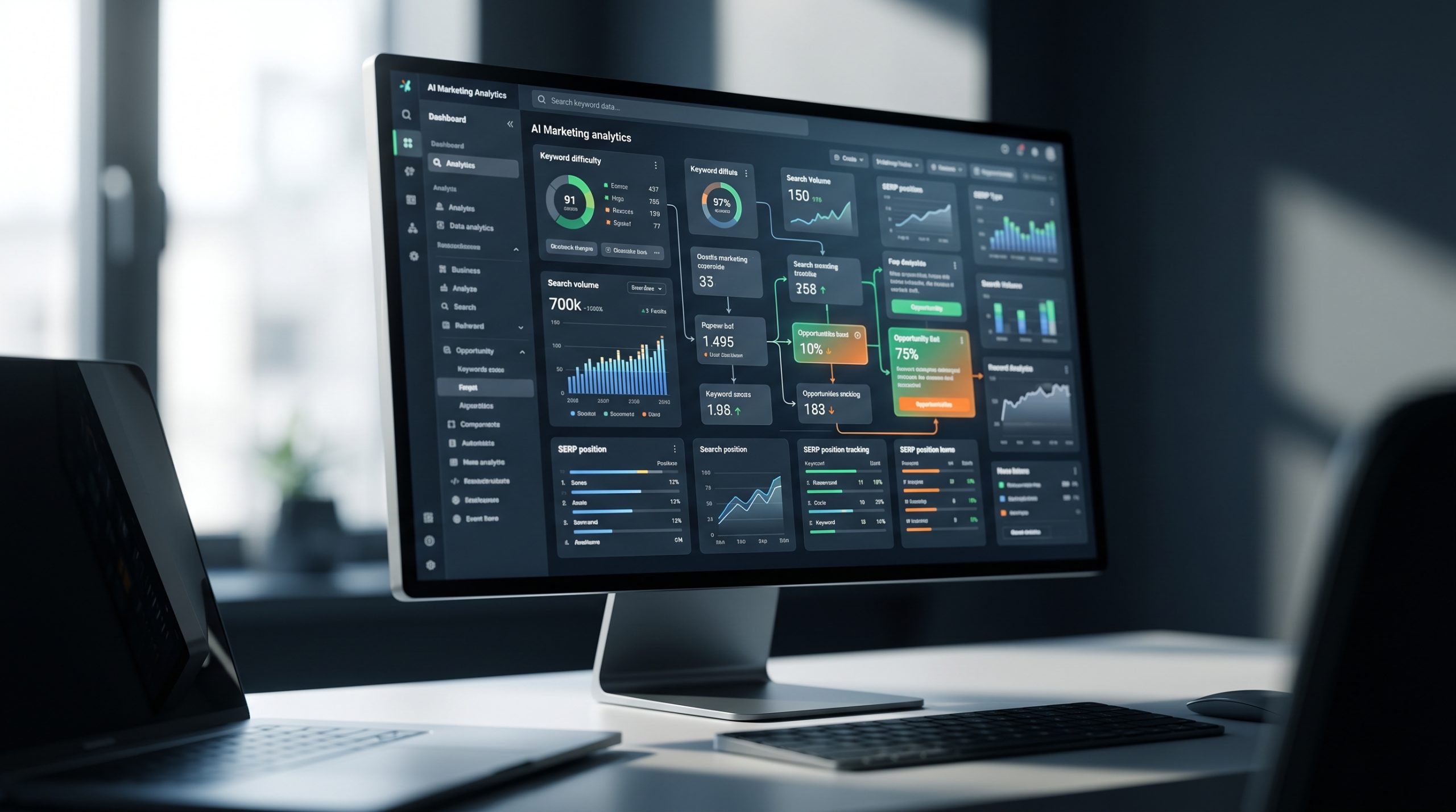 Close-up of a high-contrast analytics dashboard on a MacBook Pro screen showing keyword difficulty scores, search volume trends, and SERP position tracking, natural desk lamp lighting, shallow depth of field