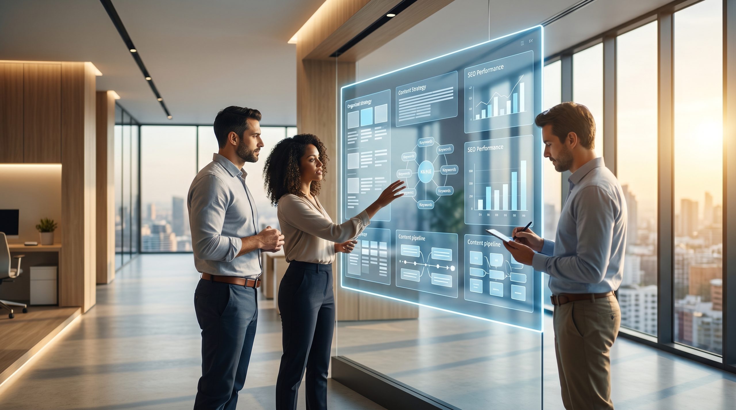 A small marketing team reviewing content drafts on a large whiteboard wall with sticky notes organized in columns, bright modern office space with floor-to-ceiling windows