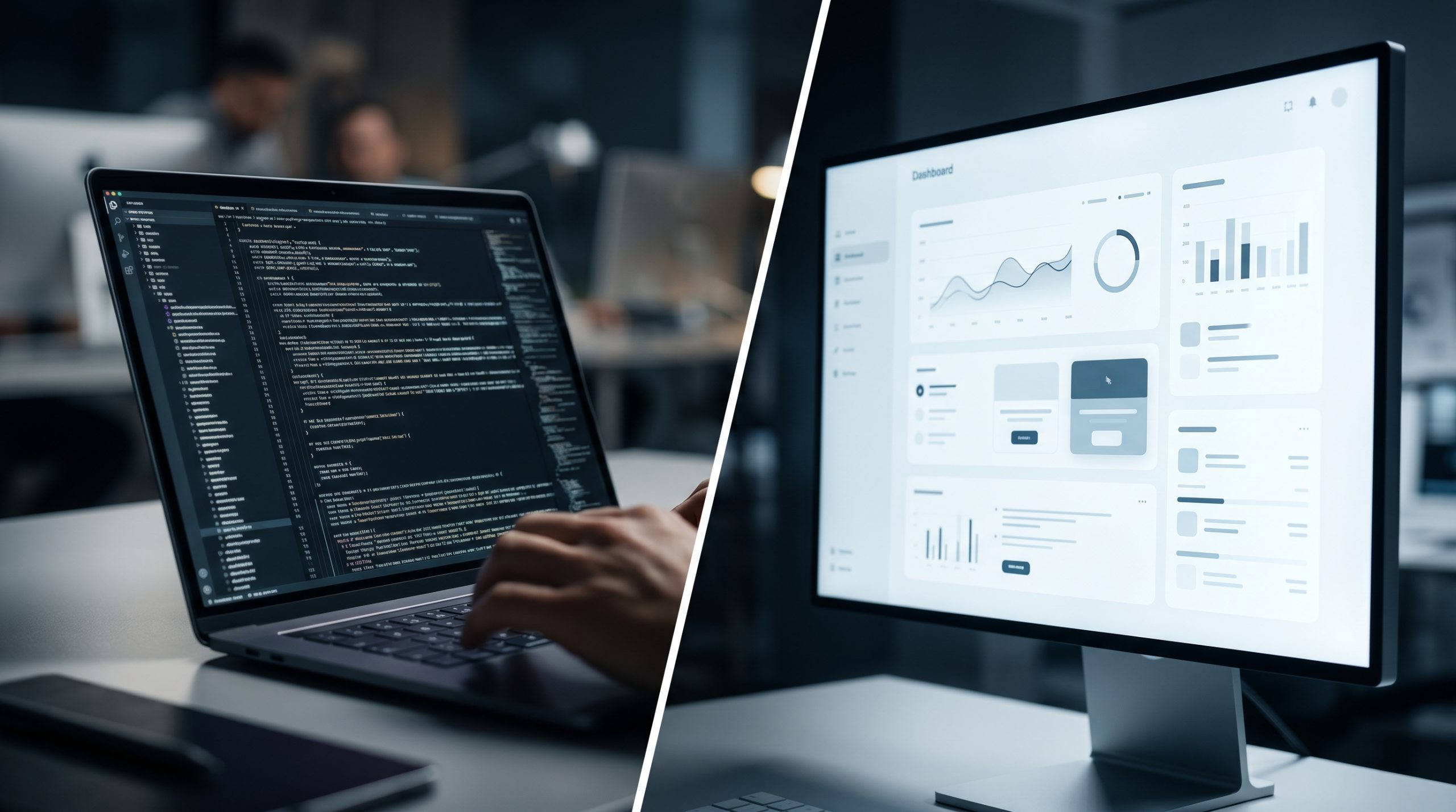 A split-screen view showing code on a laptop screen on the left and a clean dashboard interface on the right, representing build versus buy decisions, shot in a collaborative workspace