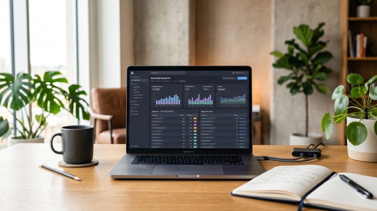 A founder conducting SEO keyword research on a laptop, with graphs showing search volume and keyword difficulty.