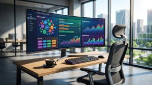 Modern workspace showing an autonomous AI SEO agent dashboard with keyword research and content workflow visualization