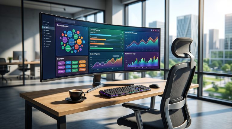 Modern workspace showing an autonomous AI SEO agent dashboard with keyword research and content workflow visualization