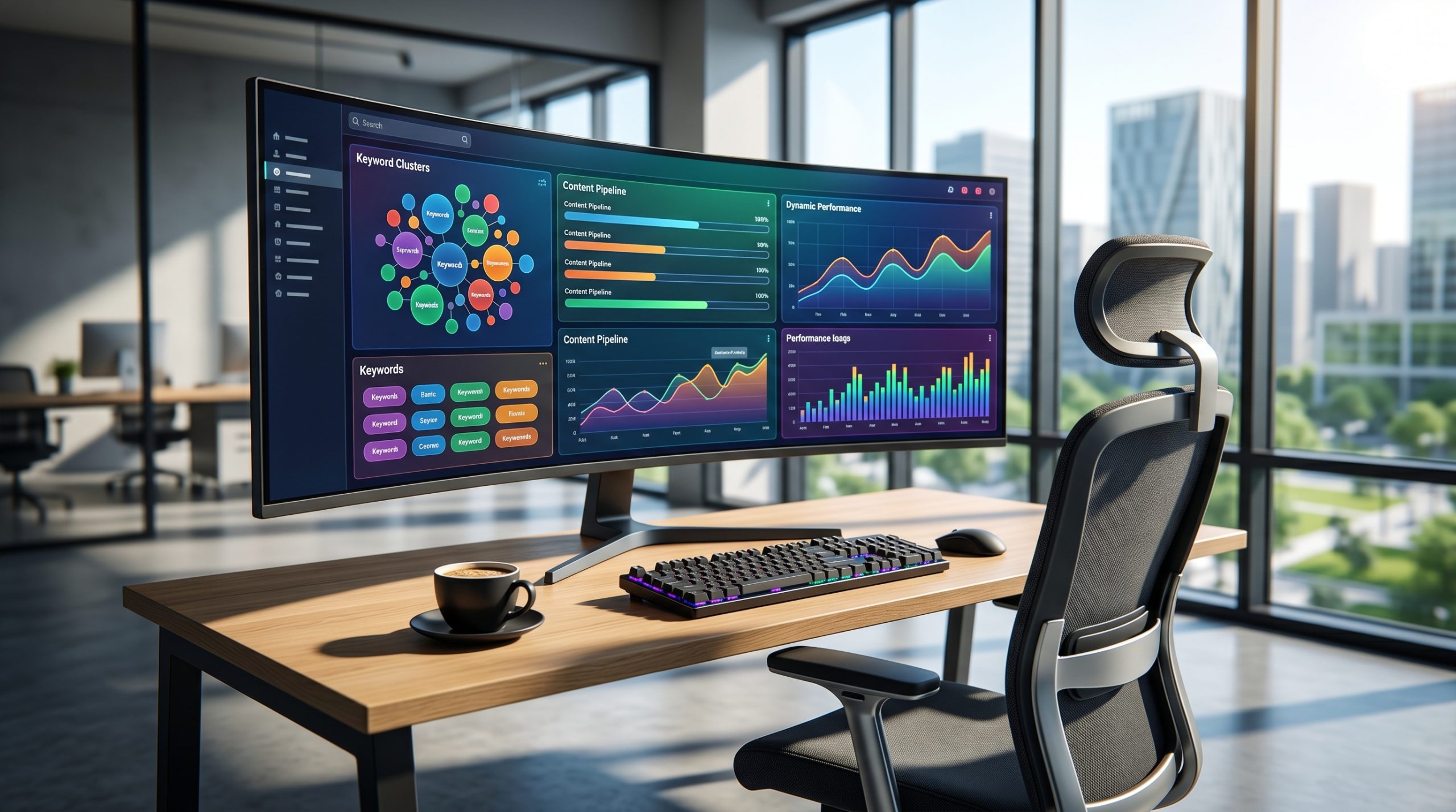 Modern workspace showing an autonomous AI SEO agent dashboard with keyword research and content workflow visualization