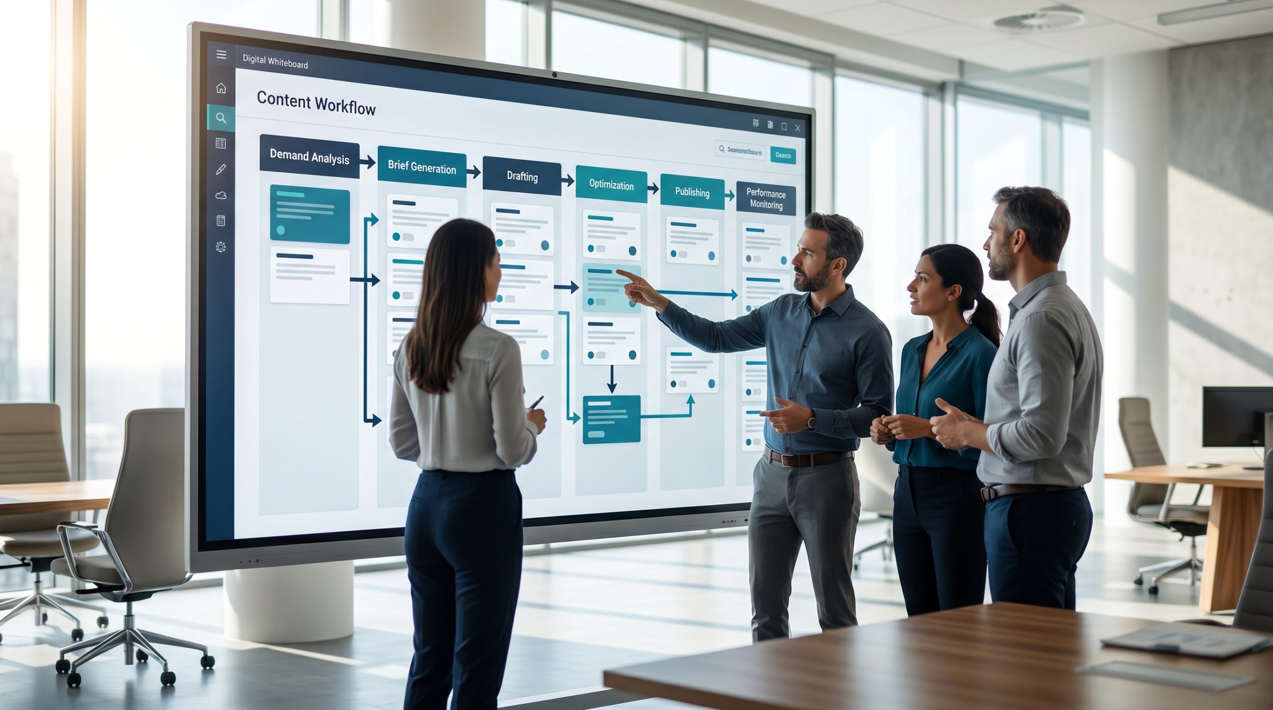 A startup marketing team mapping an autonomous SEO workflow on a large digital whiteboard, sticky notes arranged in process columns, natural daylight streaming through modern office windows, shot on Sony A7R IV, 50mm lens, shallow depth of field