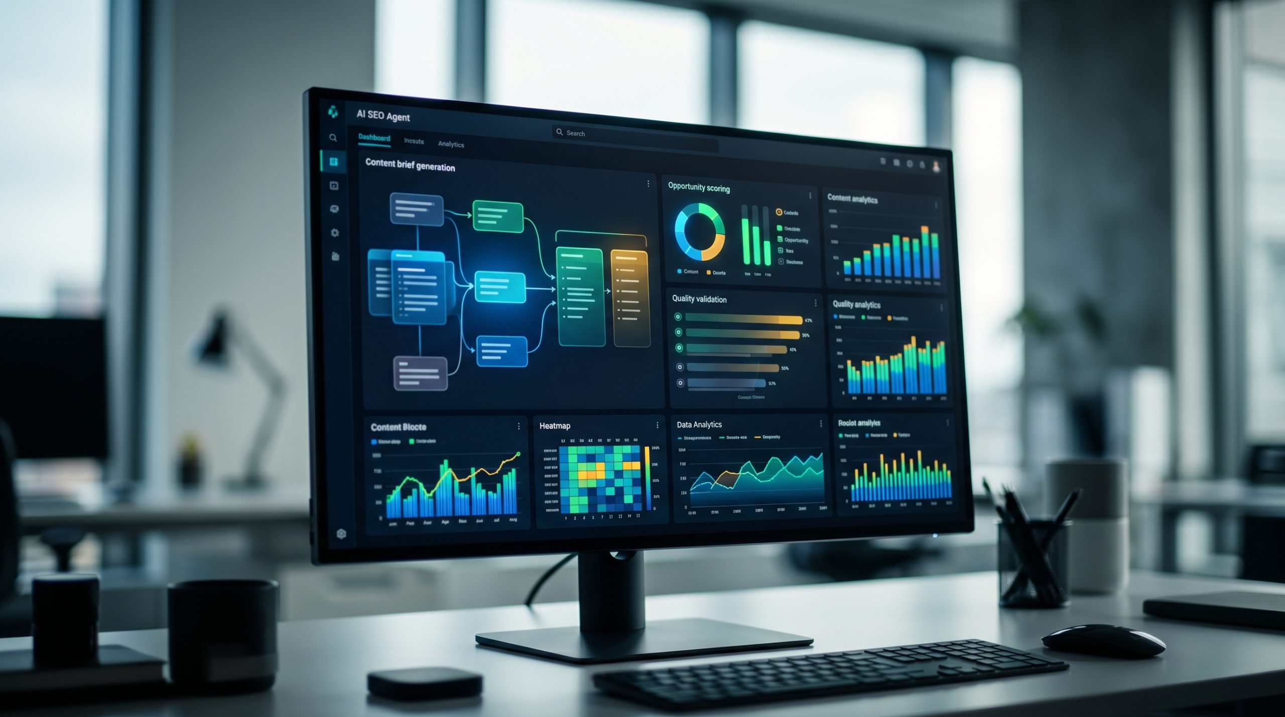 A high-contrast dashboard screen displaying SEO analytics graphs with keyword rankings, traffic trends, and opportunity scores, modern dark UI with data visualizations, professional marketing workspace, shot on Canon EOS R5, 35mm lens