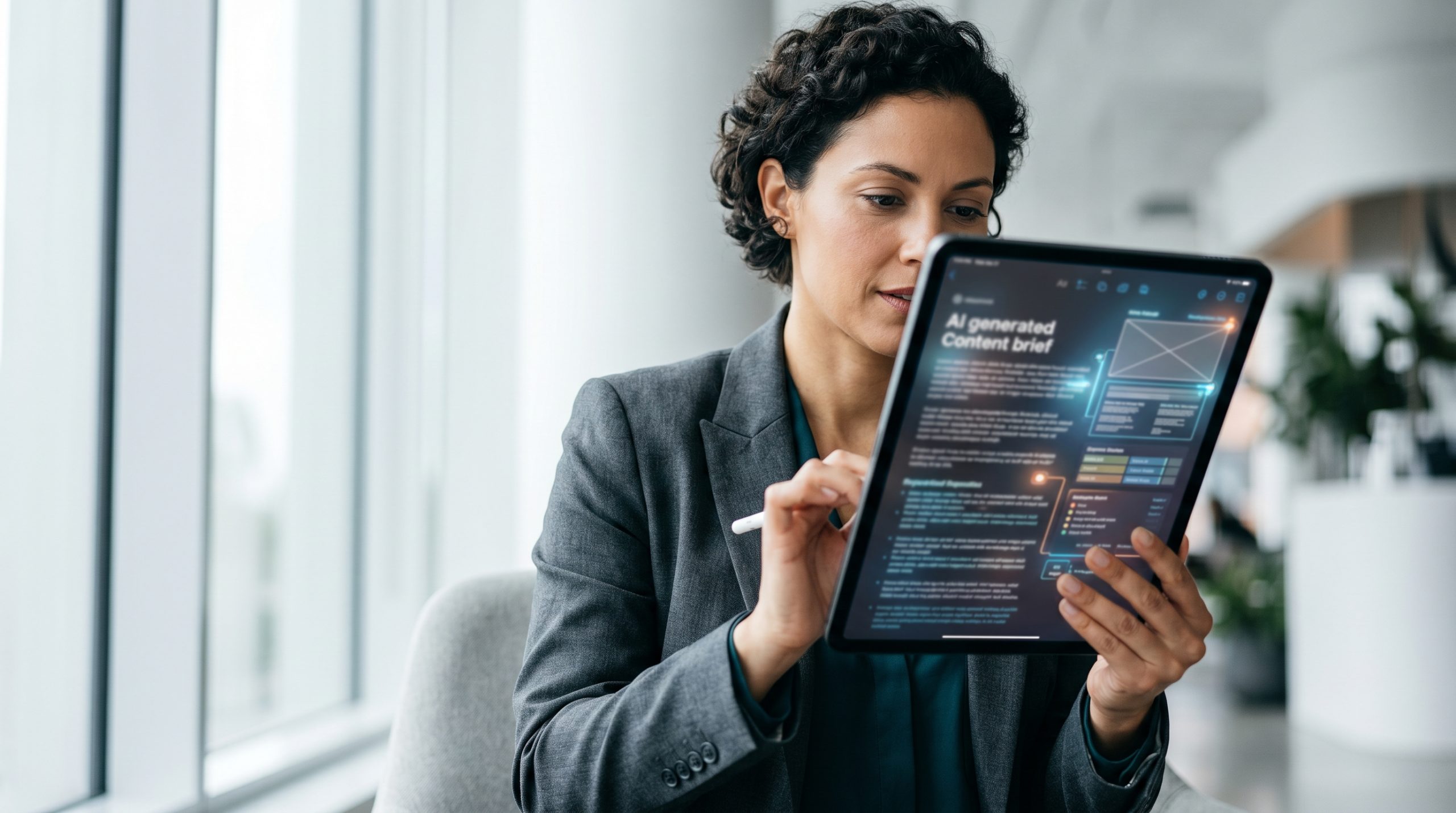 A content strategist reviewing an AI-generated content brief on an iPad with Apple Pencil, annotations and highlights visible on screen, modern co-working space with soft window light, shot on Fujifilm X-T4, 56mm lens