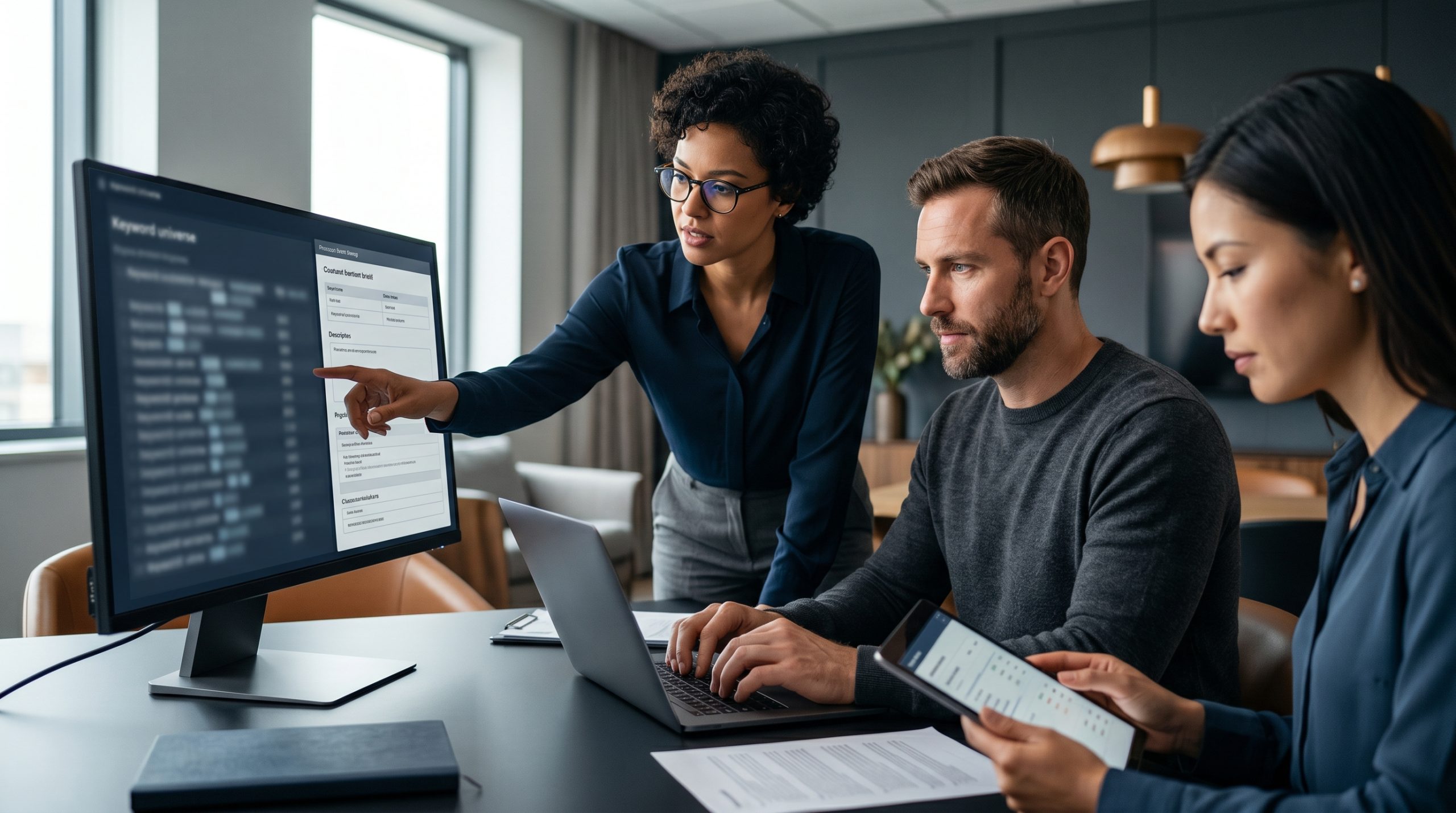A B2B marketing team collaborating around a conference table with laptops and a large screen displaying a content calendar and SEO performance metrics, natural office lighting, professional setting, shot on Nikon Z9, 24-70mm lens
