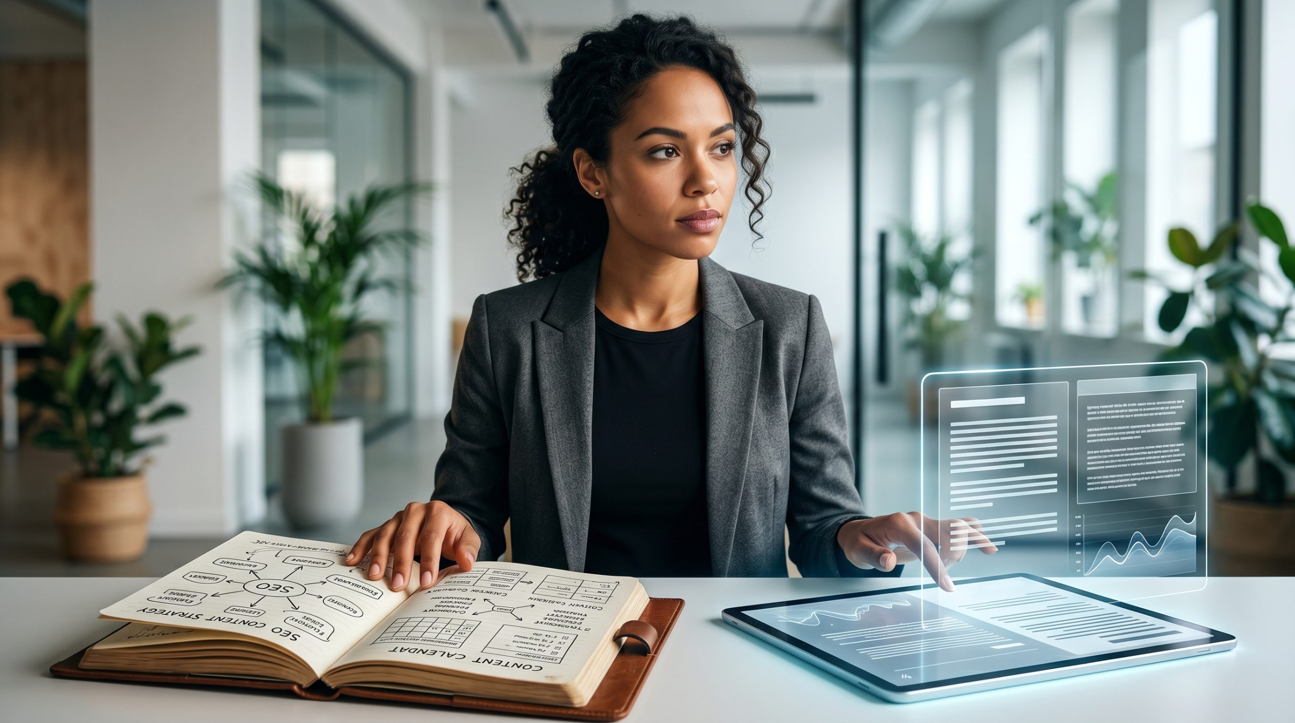 A founder reviewing an AI-generated SEO content report on a laptop in a bright startup office, analytics and content performance graphs visible on screen, modern workspace with plants and natural light, shot on Sony A7 III, 35mm lens