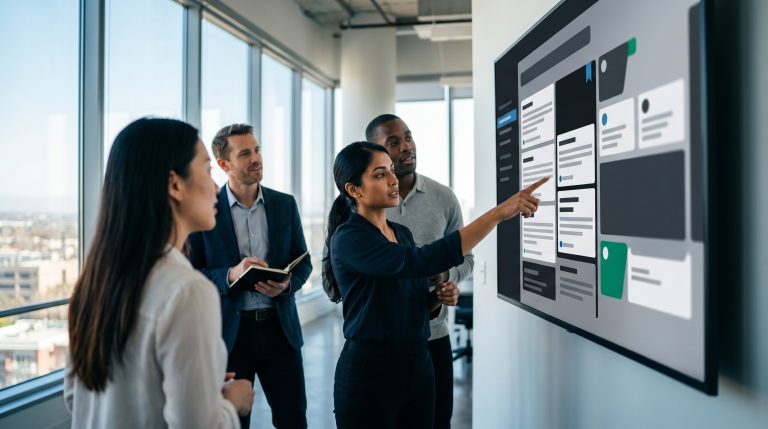 B2B marketing team reviewing generative engine optimization strategy on digital display with AI citations