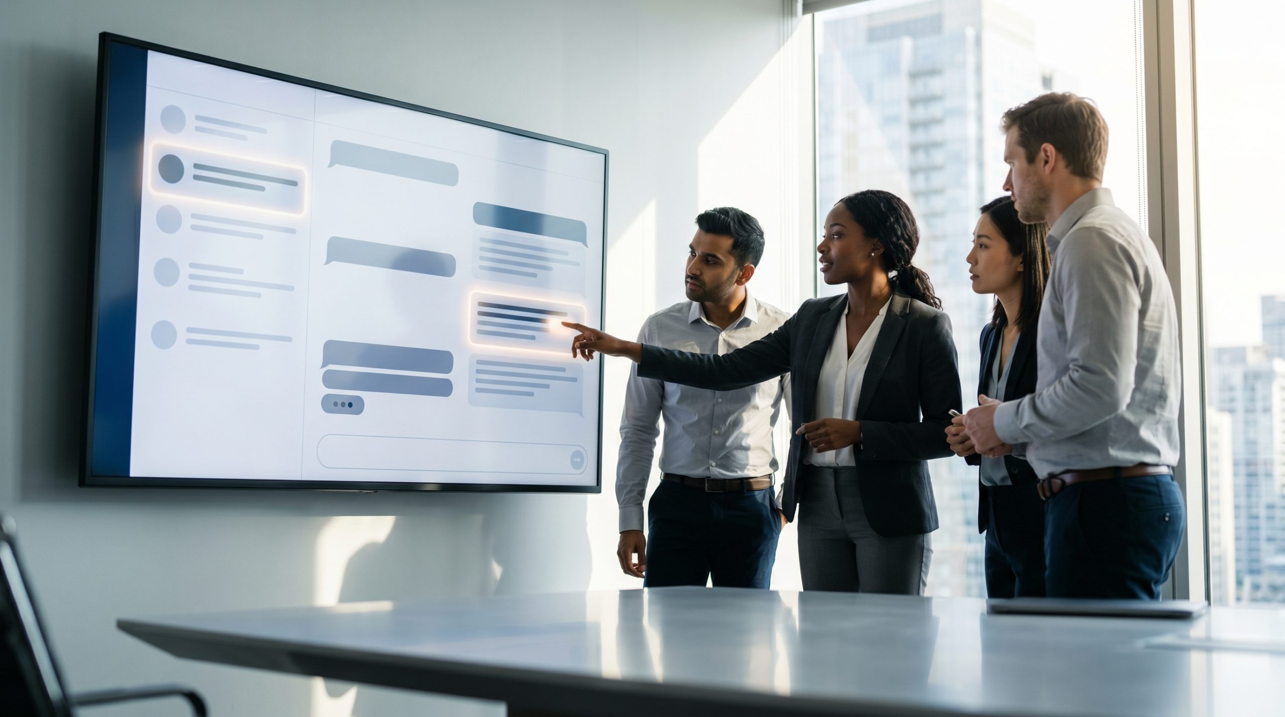 A B2B marketing team gathered around a wall-mounted display showing an AI chat interface with highlighted citation sources, modern conference room with floor-to-ceiling windows, natural daylight streaming in, professional editorial photography, Sony A7R IV, 85mm lens