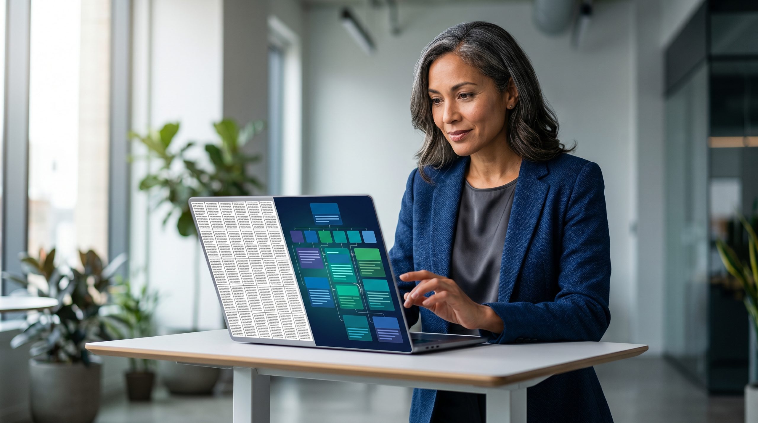 A content strategist reviewing a laptop screen showing structured content with clear headings and bullet points, sitting at a minimalist standing desk with plants in background, soft natural lighting from left, shallow depth of field, Sony A7R IV, 50mm lens