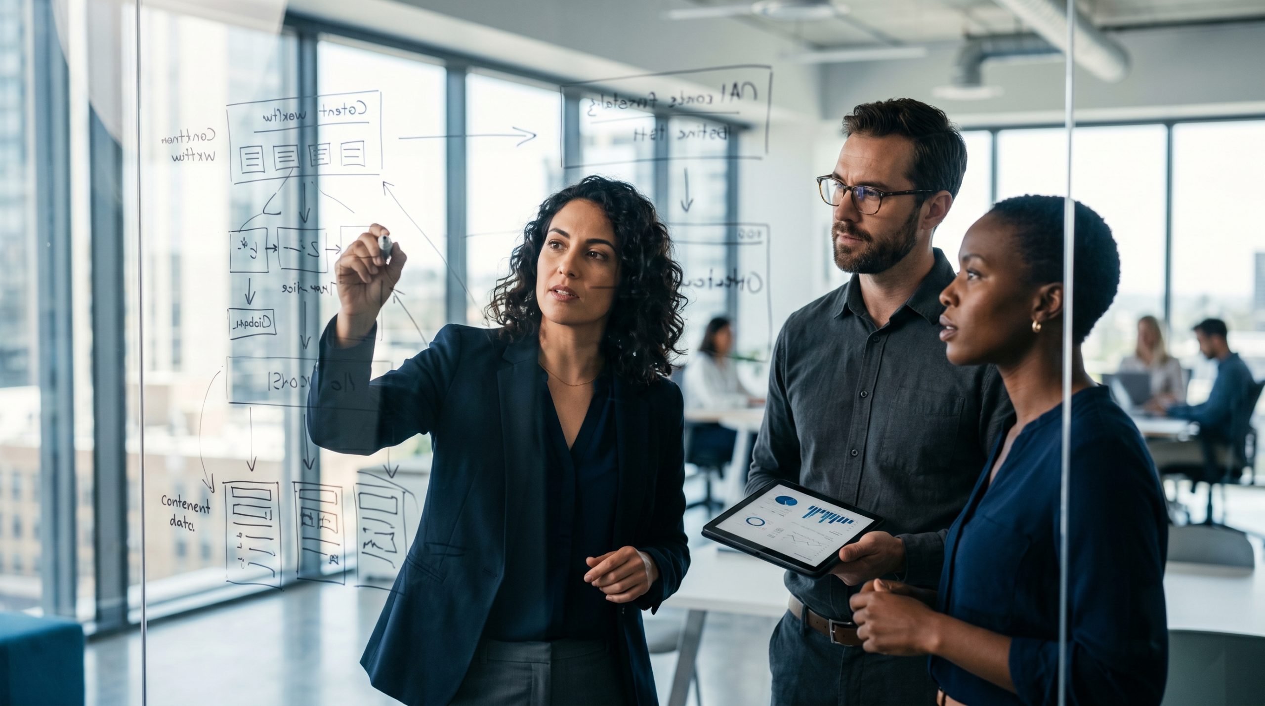 A product manager pointing at a whiteboard filled with content workflow diagrams and optimization checkpoints, modern office space with glass walls, colleagues visible in background, natural lighting from windows, editorial depth of field, Sony A7R IV, 85mm lens