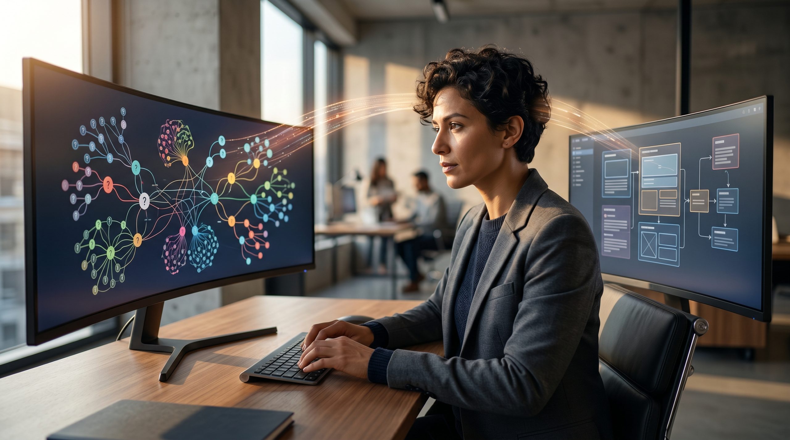 A marketing analyst reviewing a dashboard on dual monitors showing AI citation metrics and traffic analytics, modern home office setup with natural wood desk, afternoon window light, professional photography, Sony A7R IV, 50mm lens