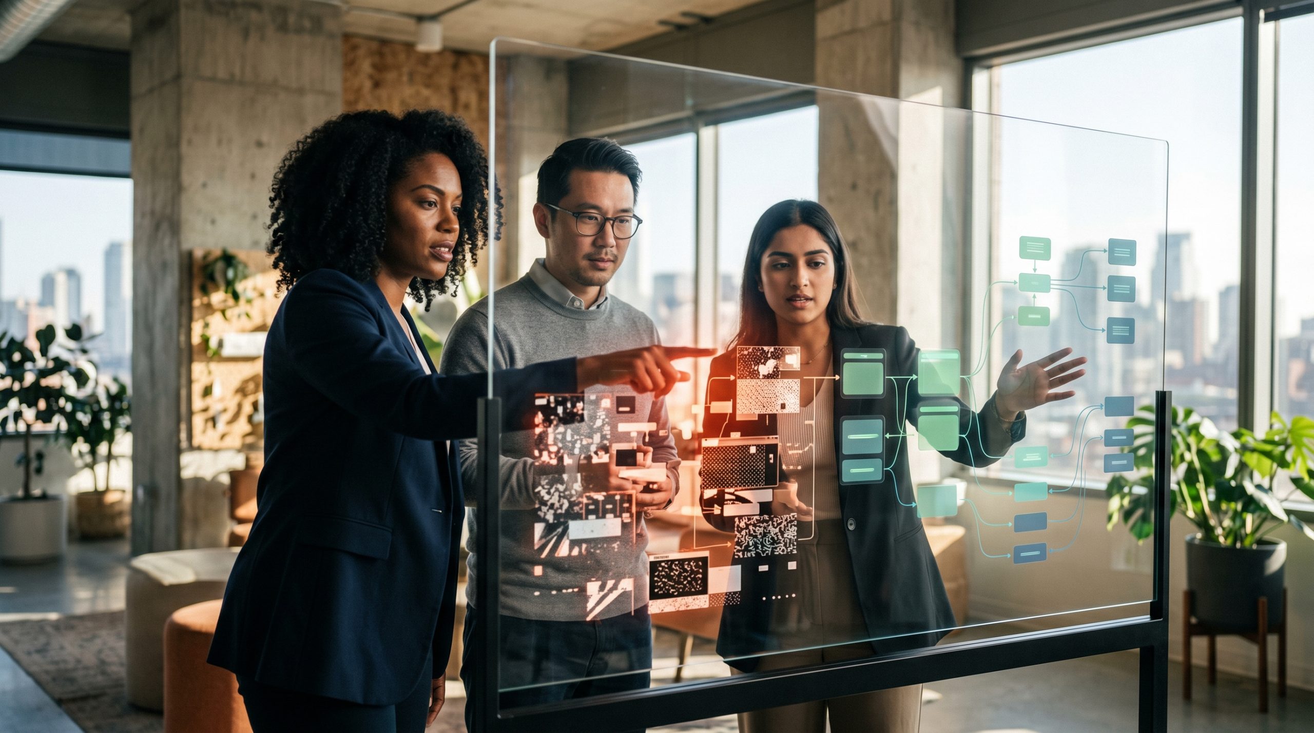 A founder presenting a content strategy roadmap on a large touchscreen display to a small team, modern startup office with exposed brick and plants, natural afternoon light, collaborative atmosphere, Sony A7R IV, 85mm lens
