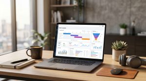 A founder's desk showing a laptop with an AI campaign planning dashboard, illustrating automated marketing strategy.