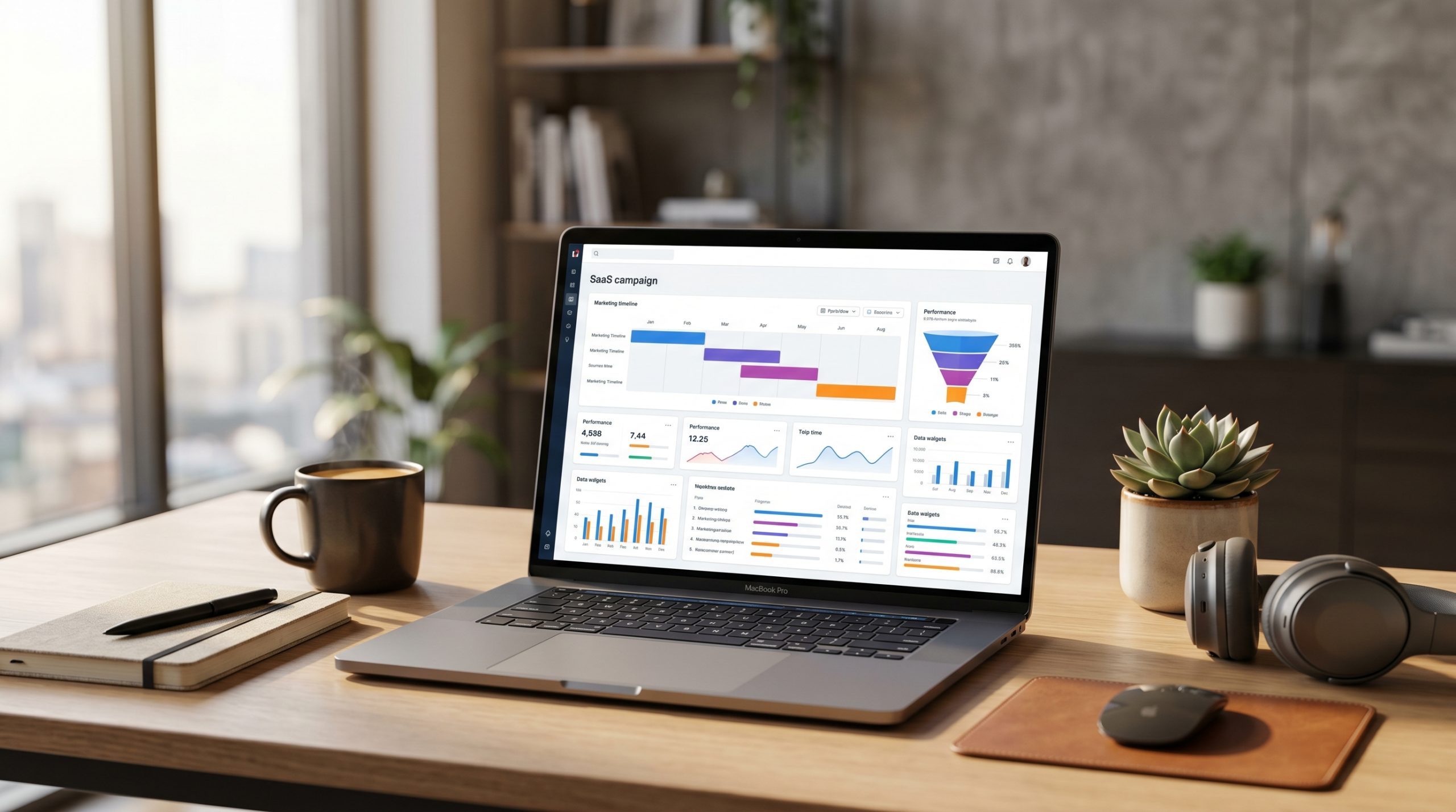 A founder's desk showing a laptop with an AI campaign planning dashboard, illustrating automated marketing strategy.
