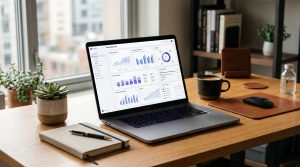A desk showing a laptop with a marketing dashboard, illustrating the concept of the best AI content automation platforms.