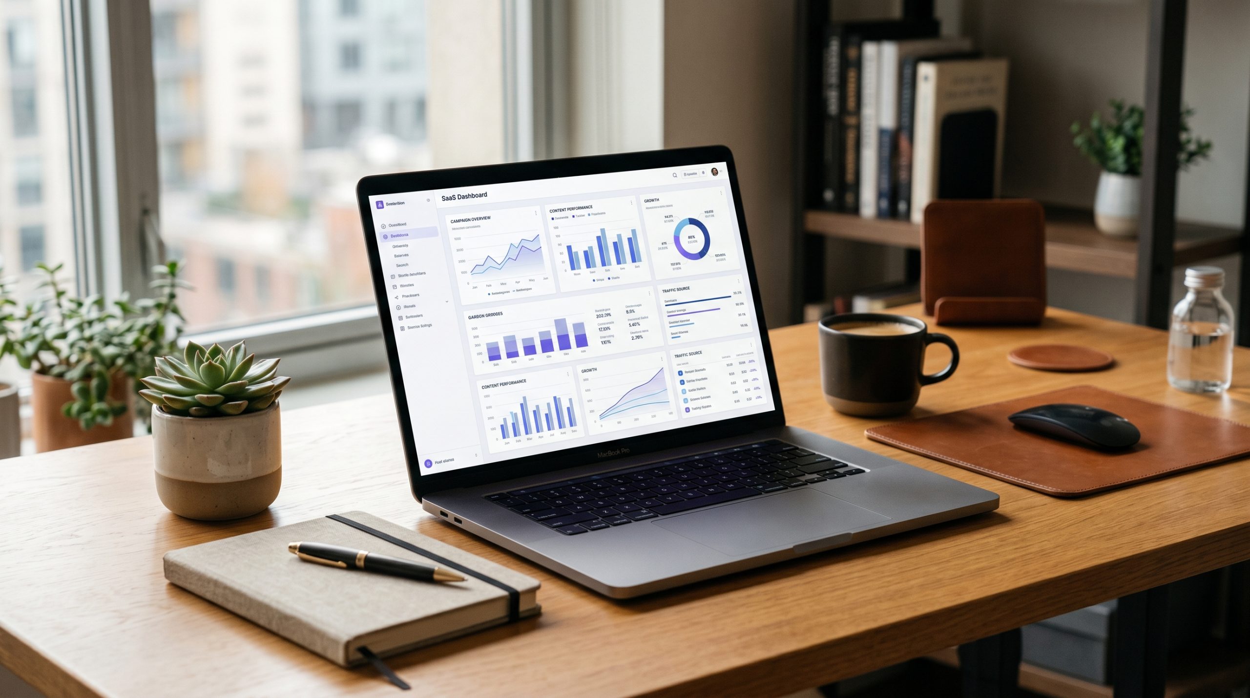 A desk showing a laptop with a marketing dashboard, illustrating the concept of the best AI content automation platforms.