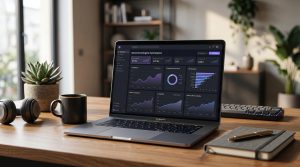 A founder using generative engine optimization tools on a laptop to analyze content for AI answer engines.
