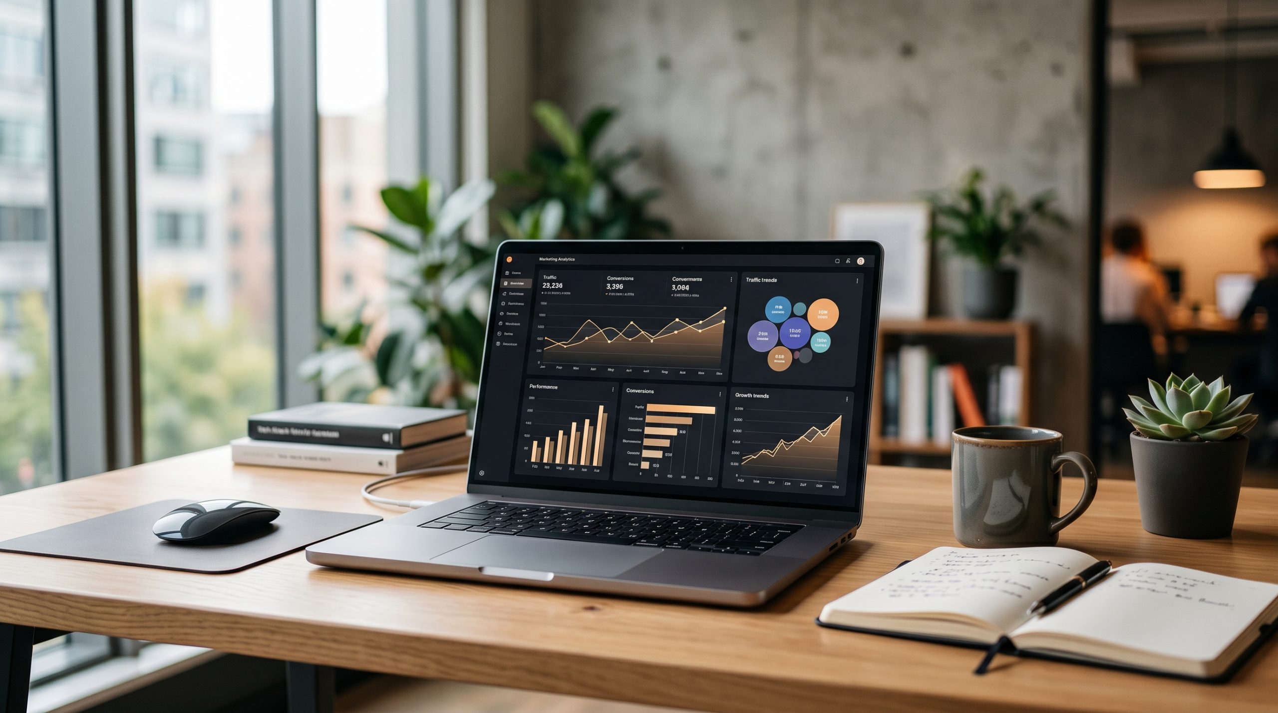 A founder's desk showing a laptop with a dashboard, representing the strategic control offered by an AI marketing agent for startups.