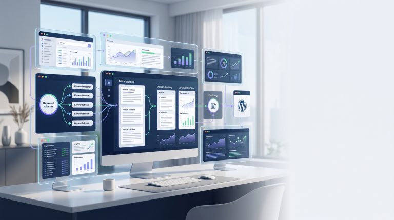 Featured illustration for AI marketing agent for SEO content, showing autonomous SEO workflows, keyword research, content generation, and optimization systems.