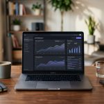 A laptop on a desk showing a dashboard for an AI marketing agent, with graphs indicating successful SEO content performance.