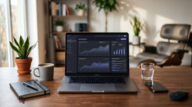 A laptop on a desk showing a dashboard for an AI marketing agent, with graphs indicating successful SEO content performance.