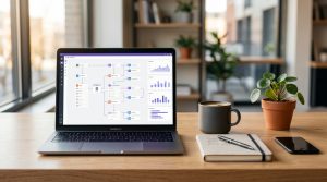 A desk showing a laptop with Zapier marketing automation workflows being built on the screen.