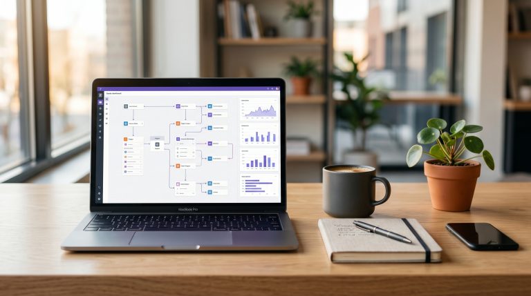 A desk showing a laptop with Zapier marketing automation workflows being built on the screen.