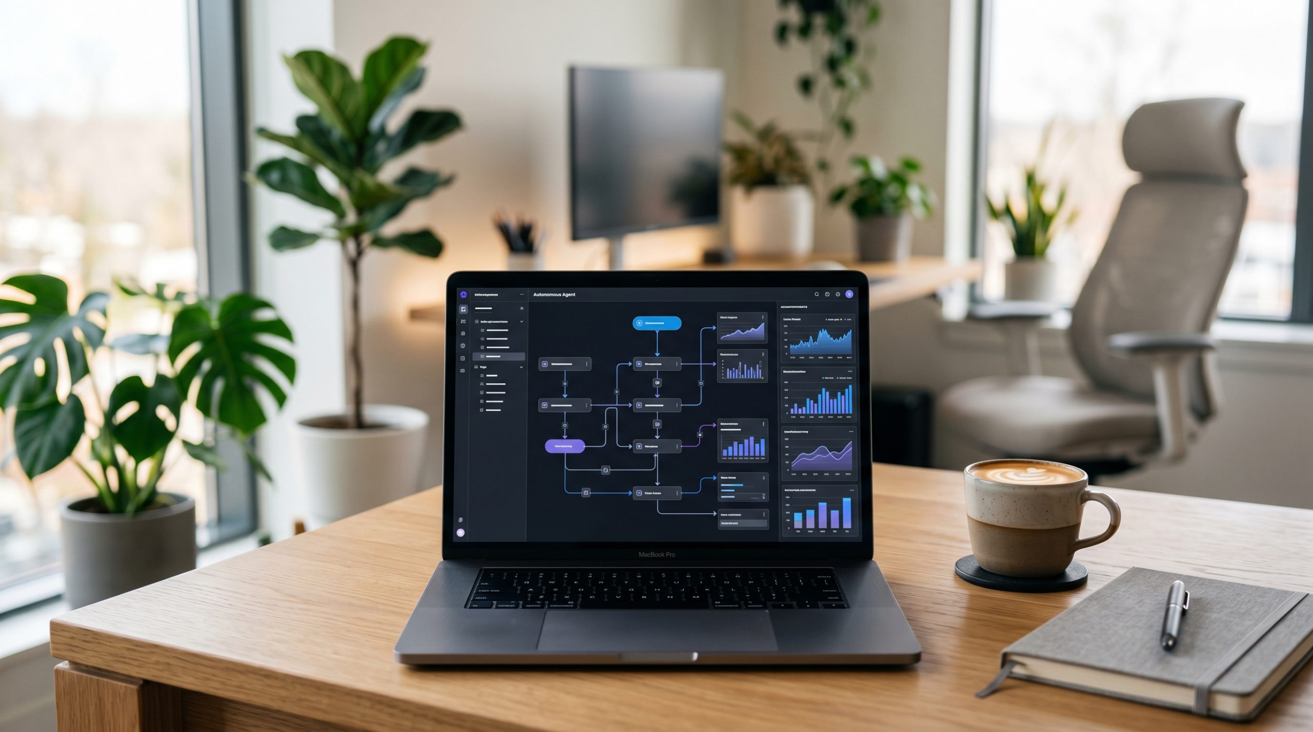 A laptop on a modern desk showing a workflow, illustrating the concept of an autonomous agent in marketing.