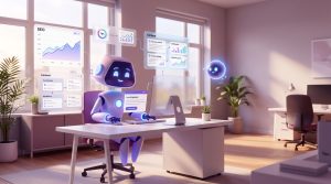 Team collaborating on best AI tools for SEO strategy with holographic dashboard and AI assistant