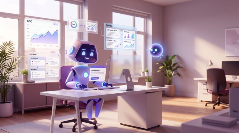 Team collaborating on best AI tools for SEO strategy with holographic dashboard and AI assistant