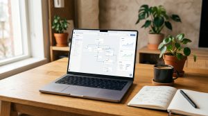 A laptop on a clean desk displays a workflow diagram, illustrating marketing automation for startups.