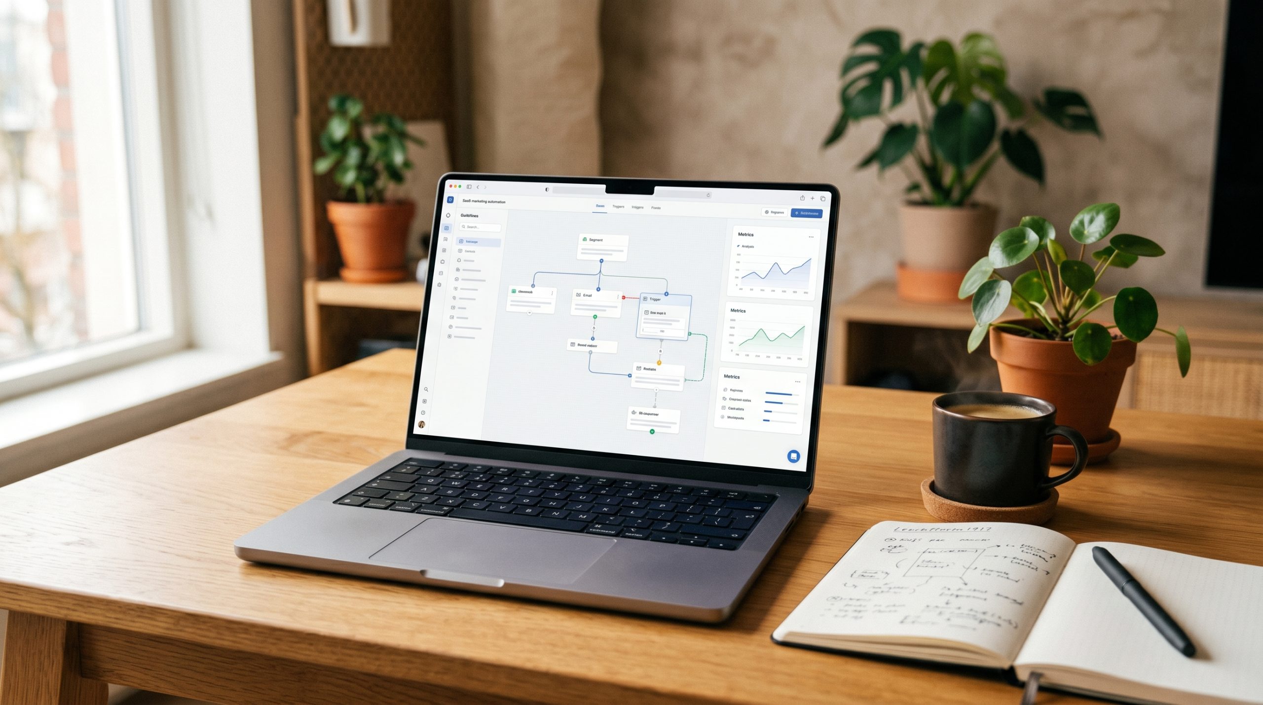 A laptop on a clean desk displays a workflow diagram, illustrating marketing automation for startups.