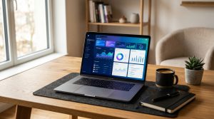 A laptop on a desk showing a dashboard, illustrating how an AI marketing agent for SEO scales content production.