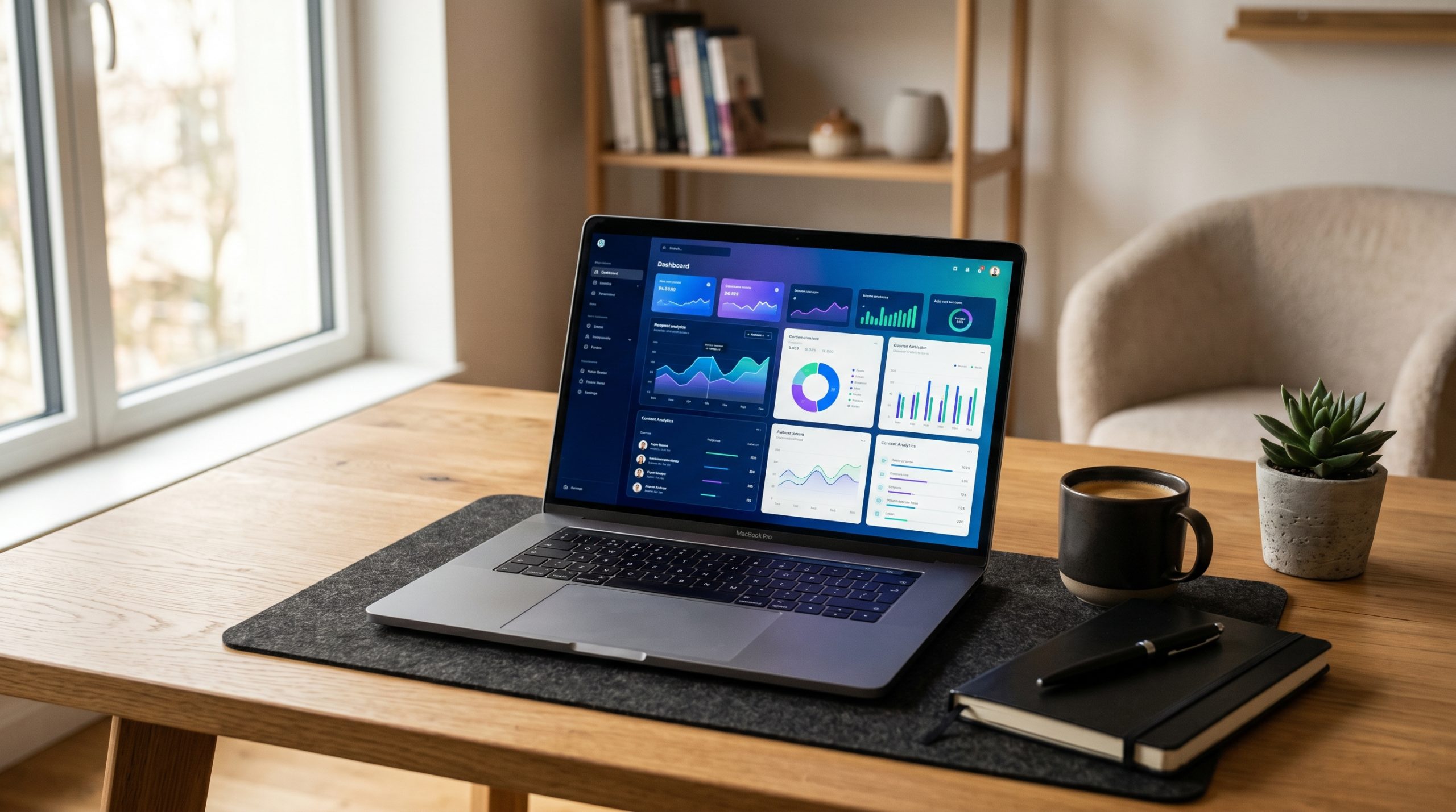 A laptop on a desk showing a dashboard, illustrating how an AI marketing agent for SEO scales content production.