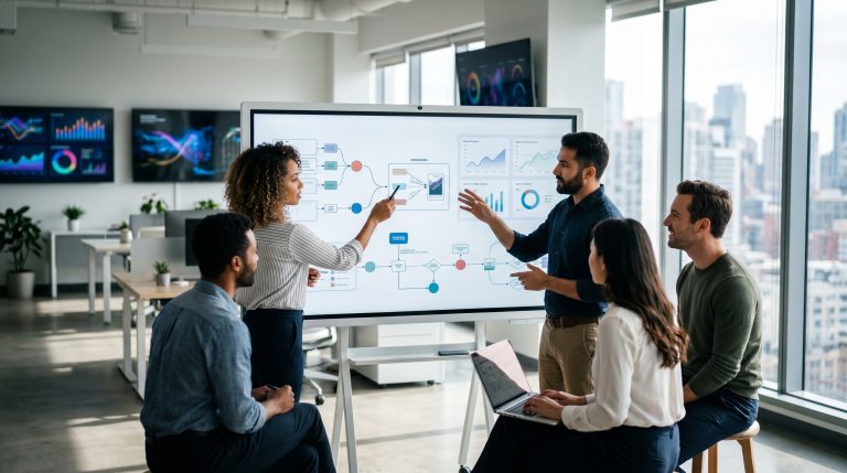 Marketing team reviewing SEO content automation workflow on digital whiteboard