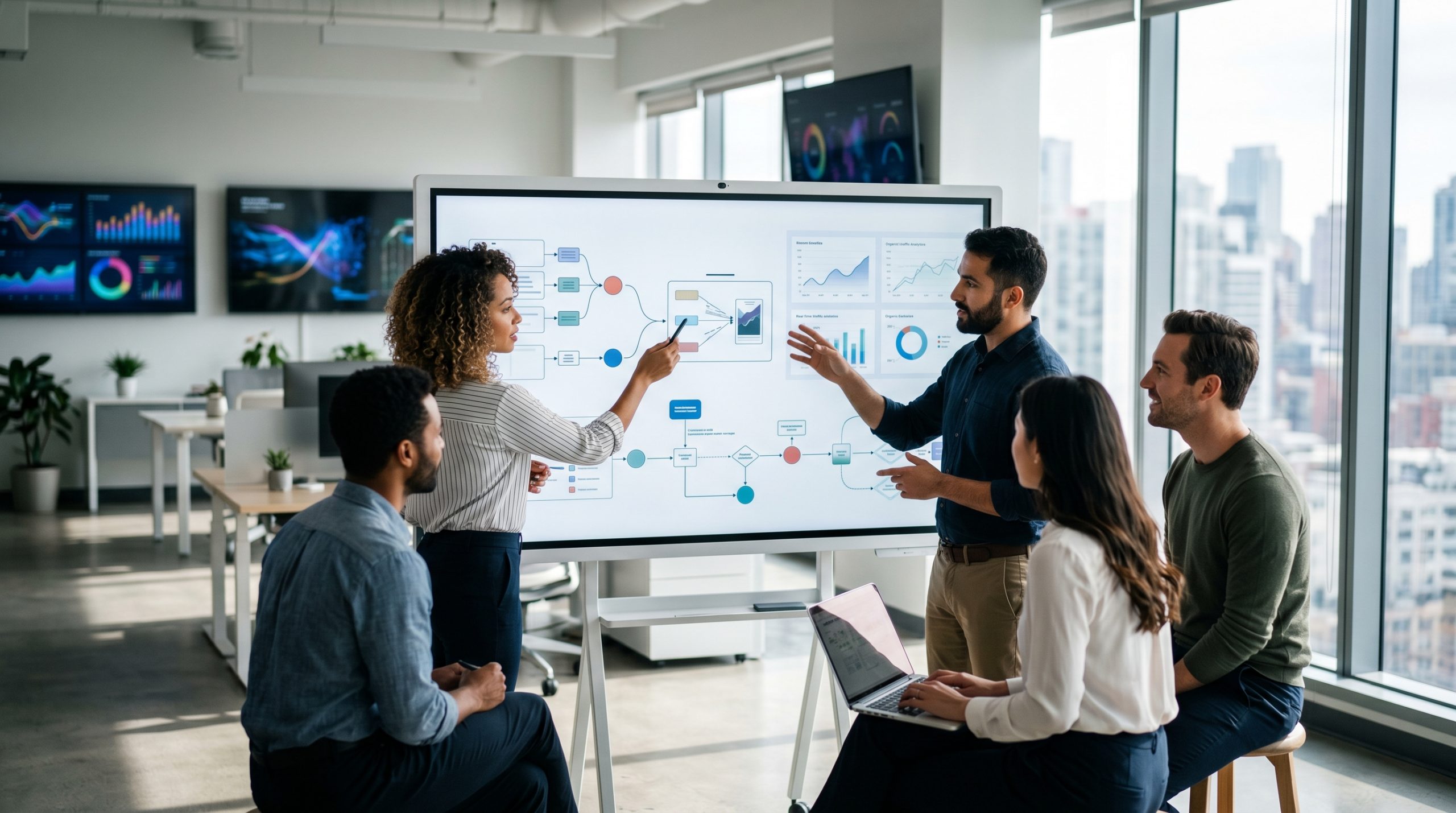 Marketing team reviewing SEO content automation workflow on digital whiteboard