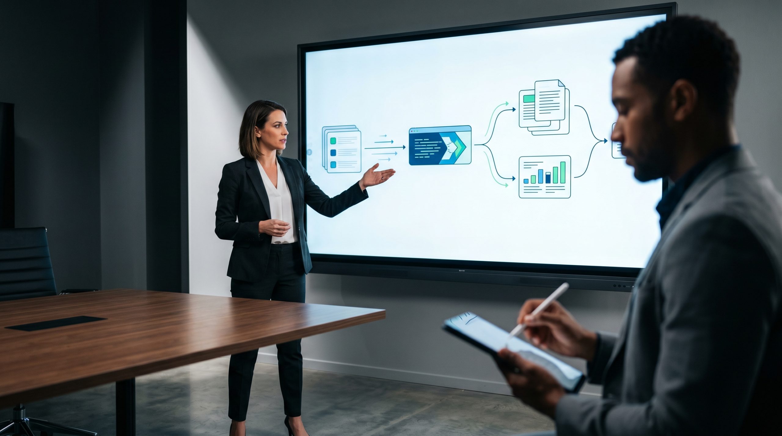 Marketing team reviewing automated content workflow on digital whiteboard in bright modern office