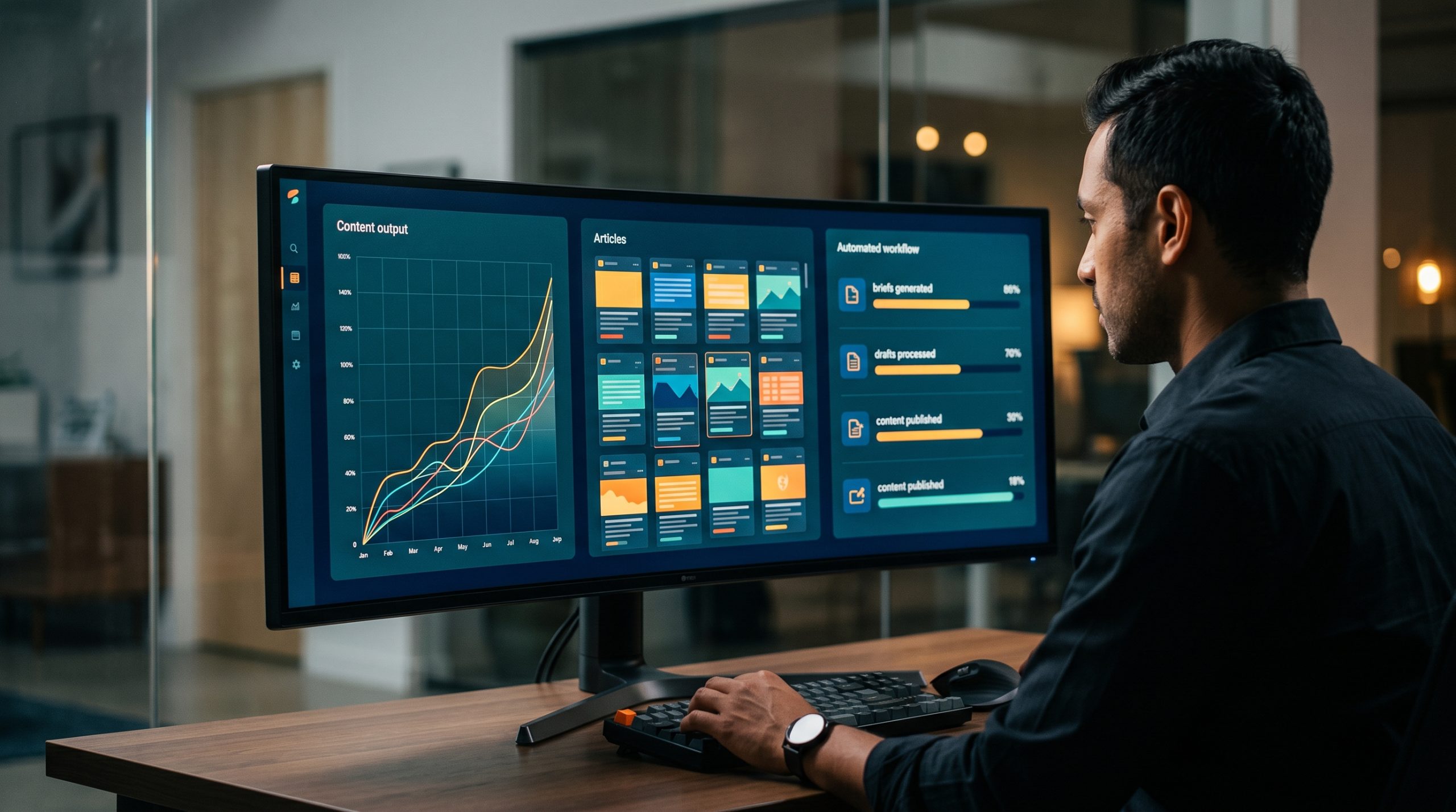Screenshot of content production dashboard showing automated workflow stages