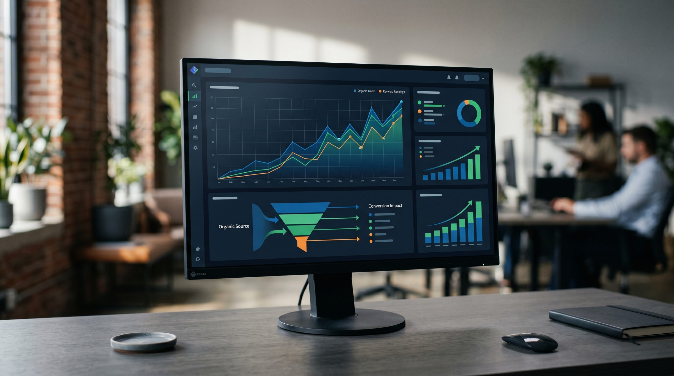 Analytics dashboard showing organic traffic growth and conversion metrics