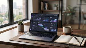 A laptop on a desk displays a marketing dashboard, illustrating how an autonomous AI marketing agent works to automate campaigns.