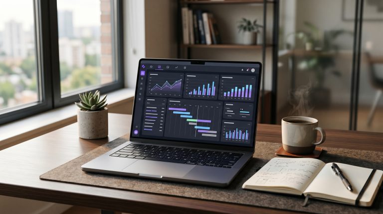A laptop on a desk displays a marketing dashboard, illustrating how an autonomous AI marketing agent works to automate campaigns.