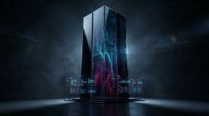 Abstract glass monolith representing autonomous campaign execution data streams