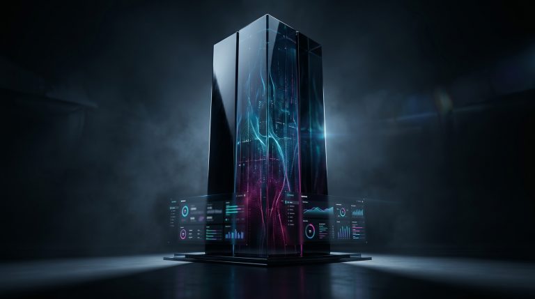Abstract glass monolith representing autonomous campaign execution data streams