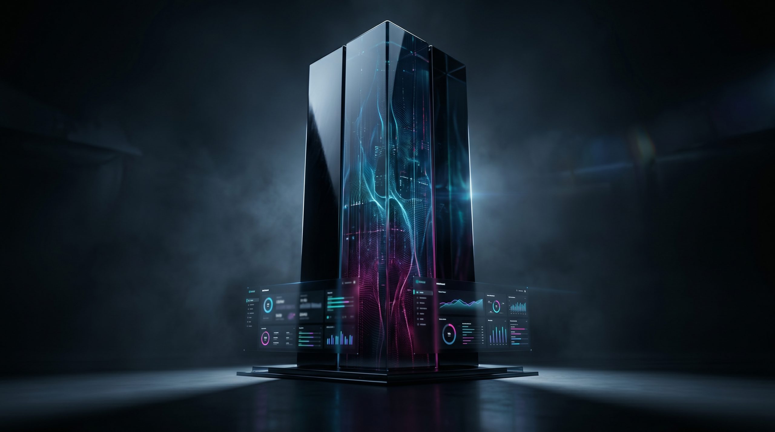 Abstract glass monolith representing autonomous campaign execution data streams