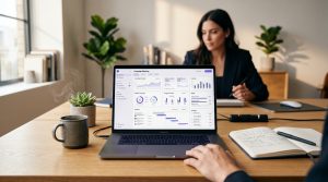 A founder's desk showing a laptop with a marketing dashboard, illustrating how to use AI campaign planning for strategic automation.