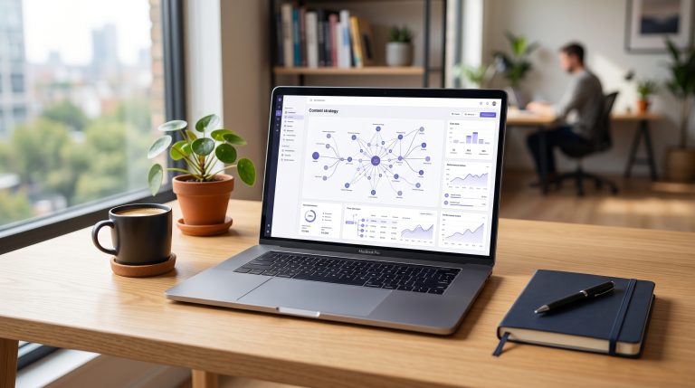 A marketer reviewing a content plan generated by an AI marketing agent on a laptop screen.
