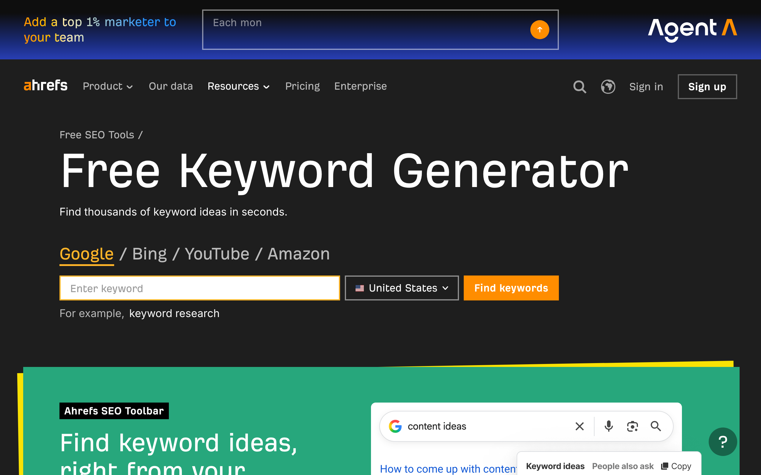 A screenshot of the Ahrefs Keyword Generator tool, which is a part of the manual research process an autonomous SEO content engine automates.